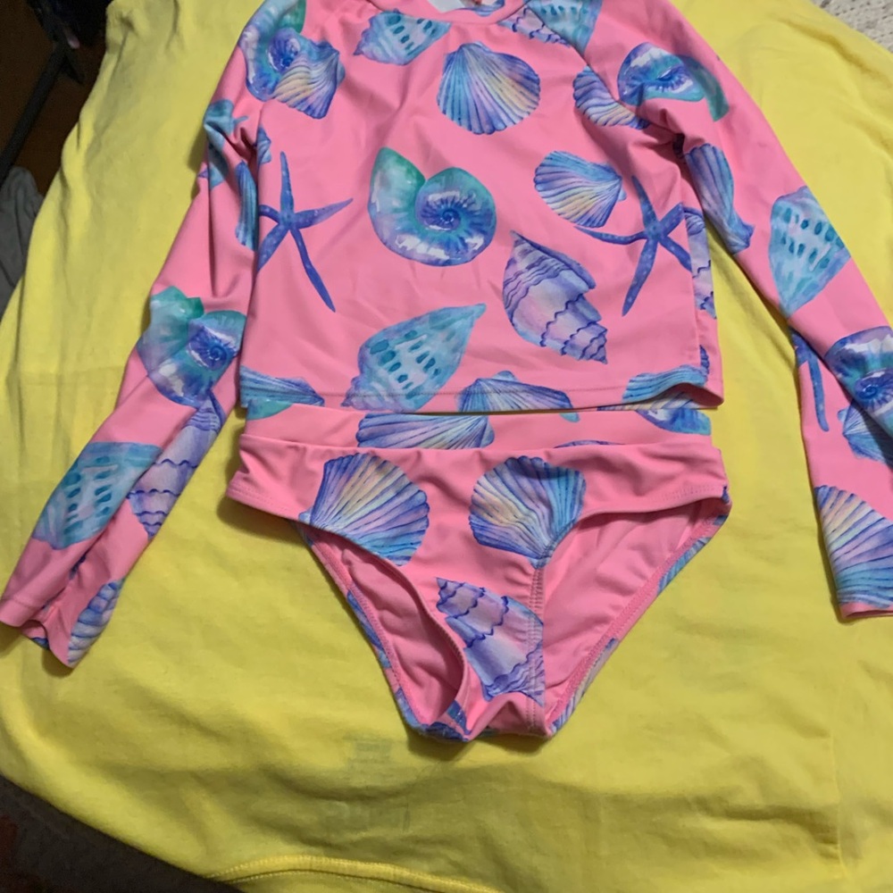 Seashell Print Pink Kids Rashguard Set